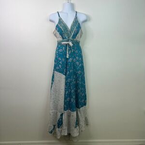 Celina Boho Patchwork Floral Maxi Dress Tie Waist Ruffle Hem One Size